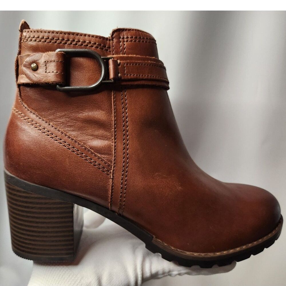 Clarks Leda Strap Side‑Zip Boots – Women’s 9.5 Mahogany Leather Ankle Boots